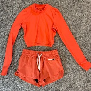 Vuori Bright Orange Long Sleeve Top and Shorts Set